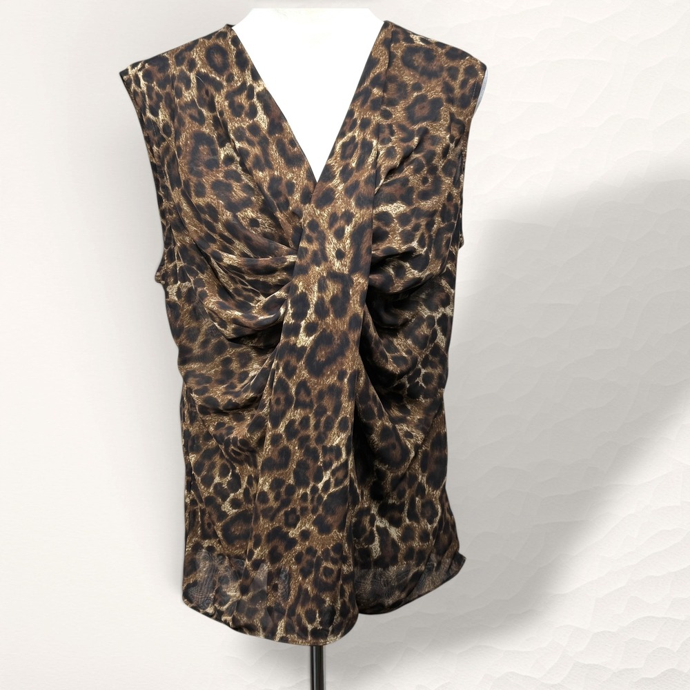 Michael Kors Sleeveless Top Women XL‎ Brown Animal Print Mob Wife V-Neck